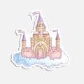 Vector cartoon illustration of pink princess magic castle in clouds. pink princess magic castle in blue clouds, with Royalty Free Stock Photo