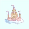 Vector cartoon illustration of pink princess magic castle in clouds. pink princess magic castle in blue clouds, with Royalty Free Stock Photo