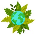Save planet nature concept, globe earth at circle leaves background, icon for logo or sticker Royalty Free Stock Photo