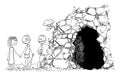 Vector Cartoon Illustration of Prehistoric Man or Caveman Realtor or Estate Agent Showing Cave to Young Couple