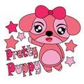 Vector cartoon illustration with pretty puppy and pink stars for kid t-shirt graphic design