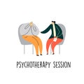 Vector cartoon illustration of psychotherapist talking with crying man. Psychotherapy session. Royalty Free Stock Photo