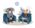 Vector cartoon illustration of Psychotherapy. Man in depression and woman psychologist. Society psychiatry concept