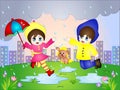 Vector Cartoon illustration of Rainy Day with a boy, girl and puppy Royalty Free Stock Photo