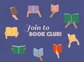 Vector cartoon illustration of Reading club. Open books in hands