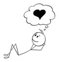 Vector Cartoon Illustration of Romantic Man Lying on Ground and Thinking or Dreaming About Love, Heart Symbol in Bubble