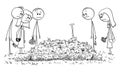 Vector Cartoon Illustration of Sad People, Friends or Family Members on Burial Ceremony