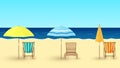 Vector cartoon illustration of sandy beach, chairs, umbrellas on sea background. Royalty Free Stock Photo