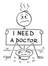 Vector Cartoon Illustration of Sick Beggar Man Begging For Money to Pay a Doctor for Medical Treatment or Therapy