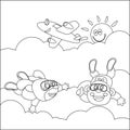 Vector cartoon illustration of skydiving with litlle monkey and dog, plane and clouds,