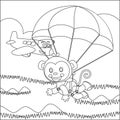 Vector cartoon illustration of skydiving with litlle monkey, plane and clouds,