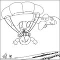 Vector cartoon illustration of skydiving with litlle monkey, plane and clouds,