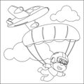 Vector cartoon illustration of skydiving with litlle monkey, plane and clouds, with cartoon style Childish design for kids