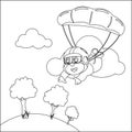 Vector cartoon illustration of skydiving with litlle monkey, plane and clouds, with cartoon style Childish design for kids