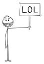 Vector Cartoon Illustration of Smiling Happy Man Showing Positive Emotions And Holding LOL Sign. Laughing Out Loud