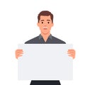 Vector cartoon illustration with a smiling office man with a billboard in his hands