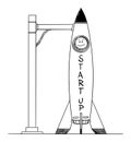 Vector Cartoon Illustration of Space Rocket on Launchpad, Startup Business Concept Royalty Free Stock Photo