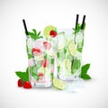 Vector illustration of strawberry and classic Mojito cocktails on white.
