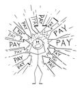 Vector Cartoon Illustration of Stressed Man With Many Arrows Pointing at Him Requesting to Pay Money or Bills. Financial Royalty Free Stock Photo