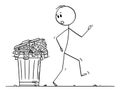 Vector Cartoon Illustration of Surprised Man or Businessman Walking Around Garbage Can or Dustbin Full of Money Thrown