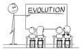 Vector Cartoon Illustration of Teacher in Classroom with Marker in Hand Pointing at Evolution Word on Whiteboard