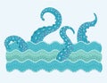 Vector illustration of tentacle octopus in the waves with inking