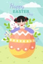 Vector cartoon illustration of three easter cards in a trendy flat style with spring flowers, eggs, and rabbit. Bright Royalty Free Stock Photo