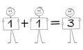 Vector Cartoon Illustration of Three Men or Businessmen Holding One Plus One Equals to Three Signs. Concept of Teamwork