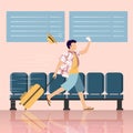 Vector cartoon illustration of travel concept. late man run with bag on wheels. Check in airport. Human character on the