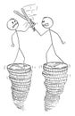 Vector Cartoon Illustration of Two Businessmen Fighting with Swords or fencing on Piles of Money or Coins