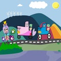 Vector cartoon illustration of a two car funny driving at mountain landscape, sunny, road