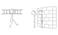 Vector Cartoon Illustration of Two Helpless or Confused Men or Businessmen Watching the Wall, Obstacle in Their Way