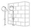 Vector Cartoon Illustration of Two Helpless or Confused Men or Businessmen Watching the Wall, Obstacle in Their Way to Royalty Free Stock Photo