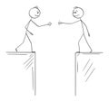 Vector Cartoon Illustration of Two Men or Businessmen or Politicians Going to Shake Hands When Divided by Gulf or Chasm