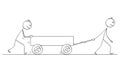 Vector Cartoon Illustration of Two Men or Businessmen Pushing Empty Pushcart or Handcart or Cart