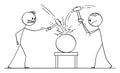 Vector Cartoon Illustration of Two Men, Workers or Businessmen Beating an Object with Hammers. Concept of Cracking or