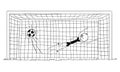 Vector Cartoon Illustration of Unsuccessful Football or Soccer Goalkeeper Trying to Catch a Ball or Penalty, Jumping on