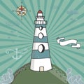 Vector cartoon illustration with waves and mountains. lighthouse on the rocks, sea landscape with blue sky Royalty Free Stock Photo