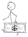 Vector Cartoon Illustration of Wealthy Successful Walking Man or Businessman Carrying Dollar Currency Bill or banknote