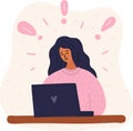 Vector cartoon illustration of woman blogging in internet, learn or communication. Some exclamation mark around her. E-learning,