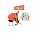 Vector cartoon illustration of woman choosing shoes. Sale