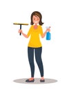 Vector cartoon illustration of Woman going to washing the window with a cleaning spray in her hands Royalty Free Stock Photo