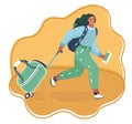 Woman running with a suitcase cart.