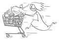 Vector Cartoon Illustration of Woman Wearing Face Mask Running and Pushing Shopping Cart With of Food From Supermarket