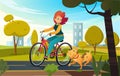 Vector cartoon illustration of young redhead woman riding bicycle in a park or countryside and a dog runs near her Royalty Free Stock Photo