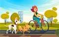 Vector cartoon illustration of young redhead woman riding bicycle in a park or countryside and a dog runs near her Royalty Free Stock Photo