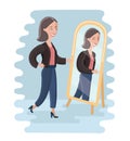 Young woman looking at herself in a mirror in dressing room. Royalty Free Stock Photo