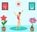 Vector cartoon illustration of young woman practicing yoga, Dancing pose on the home, house landscape, building view.Healthy