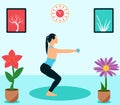 Vector cartoon illustration of young woman practicing yoga, Standing pose on the home, house landscape, building view.Healthy