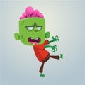 Vector cartoon image of a funny green zombie with big head in brown pants and a red t-shirt. Vector illustration Royalty Free Stock Photo